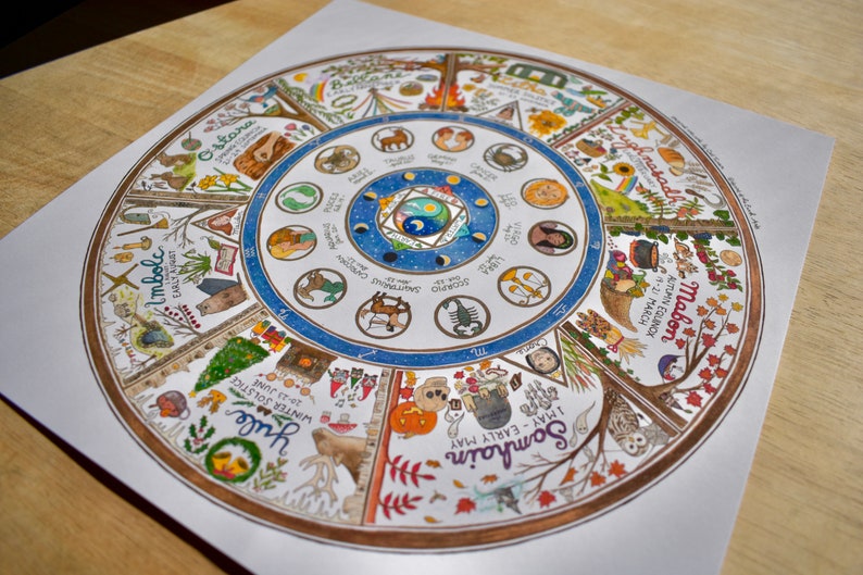 May include: A colorful wheel depicting the eight sabbats of the Wheel of the Year, a pagan holiday calendar. The wheel is divided into eight sections, each representing a different sabbat. The sabbats are: Imbolc, Ostara, Beltane, Litha, Lammas, Mabon, Samhain, and Yule. The wheel also includes the zodiac signs and the phases of the moon.