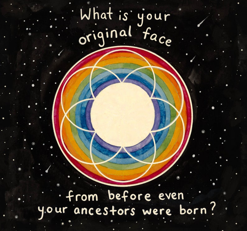 Puede incluir: Un fondo negro con estrellas blancas y un mandala arco&iacute;ris con un c&iacute;rculo blanco en el centro. El texto "What is your original face from before even your ancestors were born?" est&aacute; escrito en blanco.