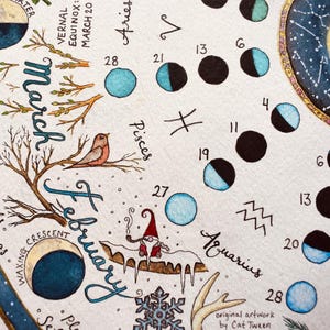 Może przedstawiać: Szczeg&oacute;łowa ilustracja akwarelowa przedstawiająca kalendarz księżycowy z miesiącami luty i marzec, znakami zodiaku takimi jak Wodnik, Ryby i Baran, małym krasnalem, ptakiem na gałęzi oraz ikonami faz księżyca z datami.