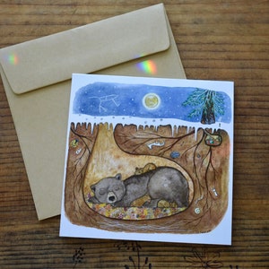 Tarjetas navideñas / Mamá osa hibernando con sus cachorros / Solsticio de invierno, Yule, Navidad, Hanukkah, tarjetas de felicitación de Año Nuevo