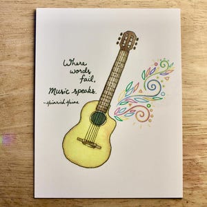 Là où les mots manquent, la musique parle | Citation et illustration pour les mélomanes | guitare acoustique | synesthésie | carte postale 4,2 x 5,5 pouces