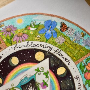 May include: A watercolor illustration of a circle divided into sections, each depicting a stage of plant growth. The sections show a sprouting seed, a blooming flower, and a fruit-bearing plant. The illustration includes a rainbow, stars, and the moon in various phases.