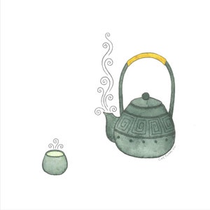 May include: A watercolor illustration of a gray teapot with a yellow handle and a small gray cup. Steam is rising from both the teapot and the cup.