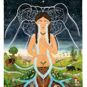 May include: A watercolor illustration depicting a woman with braided hair, tears flowing down her face, and a plant growing from her abdomen. The artwork features a starry sky, figures in the background, and a landscape with animals and plants.