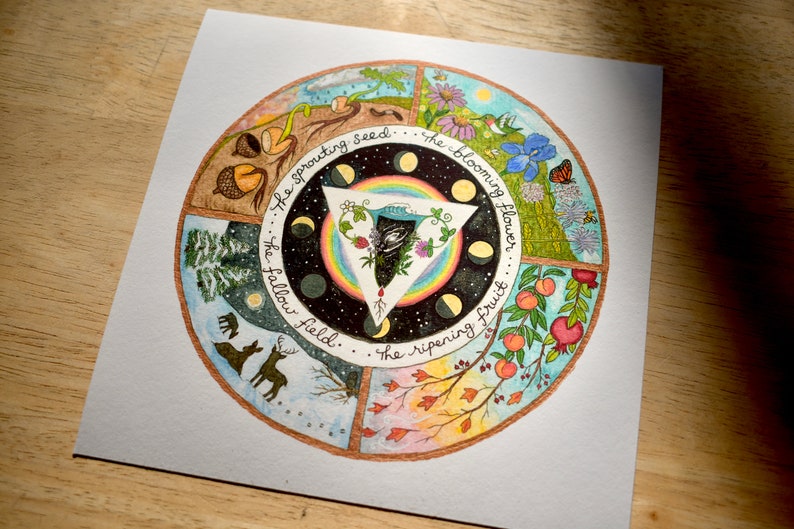 May include: A watercolor illustration of a circle divided into four sections, each representing a season. The sections are labeled "The sprouting seed", "The blooming flower", "The fallow field", and "The ripening fruit". Each section features imagery related to the season, such as a sprouting seed, a blooming flower, a fallow field, and a ripening fruit.