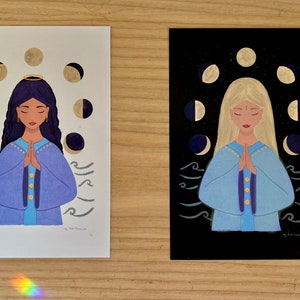 Maangodin kunstprint | Goddelijk vrouwelijk in gebed | Engelachtige maanliefde | Yin | Afdrukken van 6 x 4 inch