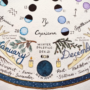 Może przedstawiać: Okrągła ilustracja kalendarza przedstawiająca fazy księżyca, znaki zodiaku, w tym Koziorożca i Wodnika, oraz motywy sezonowe. Tekst zawiera January, December, Winter Solstice Dec 21, New Moon oraz słowa kluczowe takie jak Rest, Stillness i Solitude.