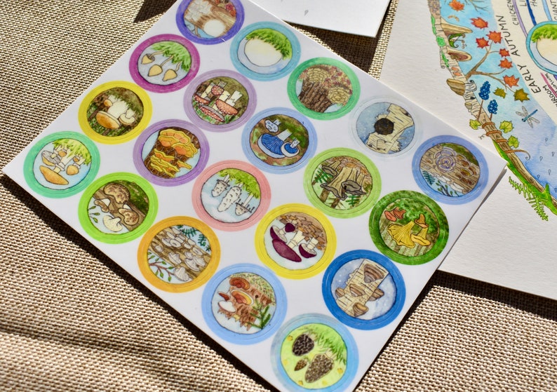 Mushroom gift bundle art print & stickers includes Mushroom Foraging Calendar a wild mushroom sticker sheet 3 more stickers image 3