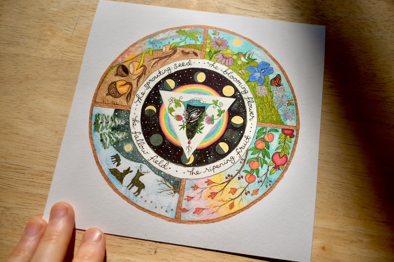 May include: A watercolor illustration of a circle divided into four sections, each representing a season. The sections are labeled "The sprouting seed", "The blooming flower", "The fallow field", and "The ripening fruit".
