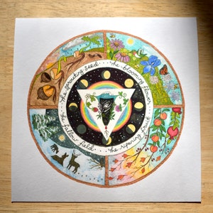May include: A watercolor illustration of a circle divided into four sections, each representing a season. The sections are labeled "The sprouting seed", "The blooming flower", "The ripening fruit", and "The fallow field". Each section features imagery related to the season, such as a sprouting seed, a blooming flower, a ripening fruit, and a fallow field.
