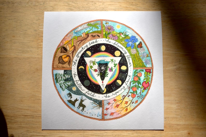 May include: A watercolor illustration of a circle divided into four sections, each representing a season. The sections are labeled "The sprouting seed", "The blooming flower", "The ripening fruit", and "The fallow field". Each section features imagery related to the season, such as a sprouting seed, a blooming flower, a ripening fruit, and a fallow field.
