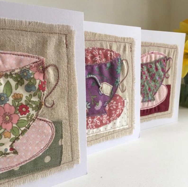 Time for Tea card textile art card tea cup birthday card free machine embroidery card blank card tea cup image 8