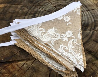 Wedding bunting | vintage bunting | bunting | wedding decor | shabby chic bunting | hessian bunting | hessian and lace look | wedding | boho