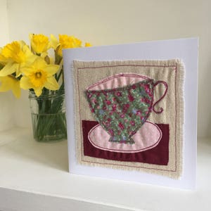 Time for Tea card textile art card tea cup birthday card free machine embroidery card blank card tea cup image 3