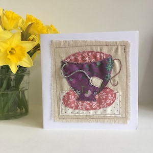 Time for Tea card textile art card tea cup birthday card free machine embroidery card blank card tea cup image 1