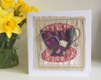 Time for Tea card | textile art card | tea cup | birthday card | free machine embroidery | card | blank card | tea cup