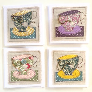 Time for Tea card textile art card tea cup birthday card free machine embroidery card blank card tea cup image 4