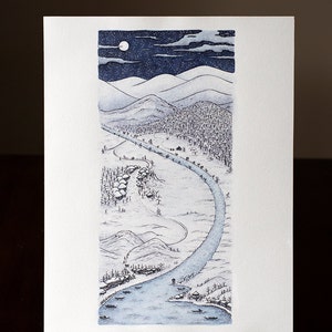 Schneenacht in Japan | Original Mischtechnik Miniatur Illustration