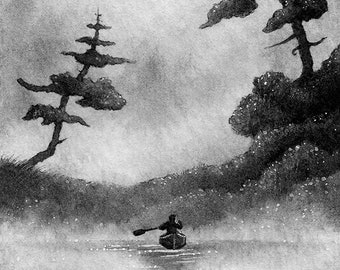 Canoeing | Original Mixed Media Miniature Illustration