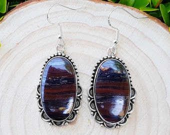 Iron Tiger's Eye Statement Earrings Sterling Silver Dangle Earrings Boho Gemstone Earrings Ethnic Earrings Unique Gift