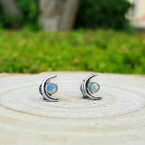 Opal Stud Earrings April Birthstone Earrings Sterling Silver Minimal Earrings Crescent Moon Earrings Everyday Earrings Birthday Gift