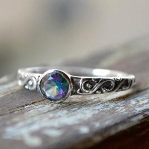 Mystic Quartz Sterling Silver Ring: Celtic Style Band, Dainty Stacking Ring