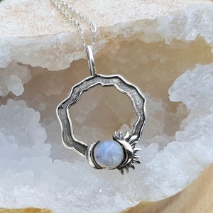 Sonne Und Mond Halskette, Halbmond Halskette, Regenbogen Mondstein, Feine 925 Sterling Silber Geburtsstein Halskette mit Kette
