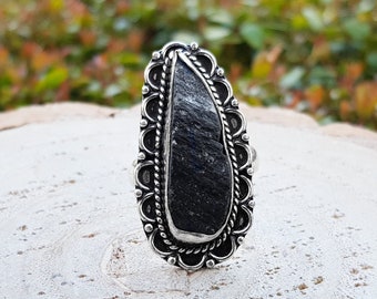 Black Tourmaline Ring Size US 7 1/2 Sterling Silver Statement Ring Raw Gemstone Ring Gothic Ring Boho Rings GypsyJewelry