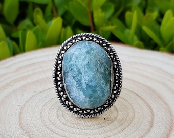 Blue Raw Apatite Ring En Argent Sterling Taille US 7 3/4 Boho Crystal Ring Gemstone Ring Cadeau unique pour les femmes