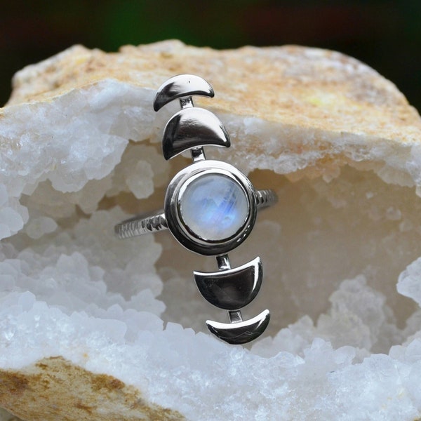 Moon Phases Ring, Moon Ring, Fine Sterling Silver Rainbow Moonstone Ring, Adjustable Ring, Celestial Jewelry, Boho Rings, Unique Gift