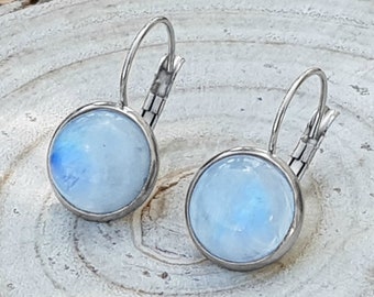 Rainbow Moonstone Dangle Earrings: Stainless Steel Leverback, June Birthstone