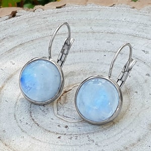 Rainbow Moonstone Birthstone Earrings Minimal Dangle Earrings Surgical Stainless Steel Leverback Earrings Unique Gift June Earrings