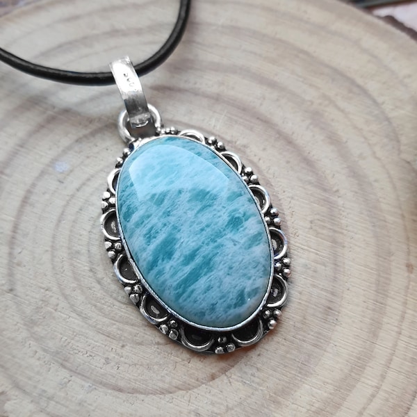 Blue Amazonite Necklace Sterling Silver Statement Necklace Amazonite Pendant Boho Necklace Silver Stone Pendant Unique Gift