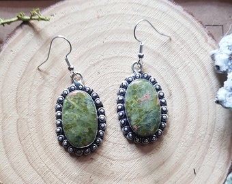 Green Forest Jasper Dangle Oorbellen In Sterling Zilver Boho Edelsteen Oorbellen Uniek cadeau Een van een soort sieraden