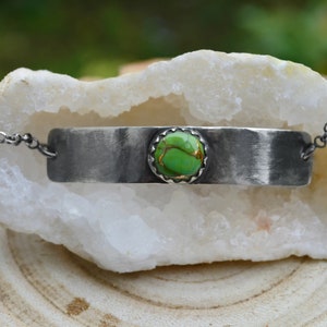 Green Copper Turquoise Sterling Silver Bracelet - Adjustable Boho Jewelry