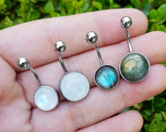 Rainbow Moonstone Belly Button Ring, Surgical Stainless Steel Hypoallergenic Belly Ring Labradorite Belly Bar Boho Belly Ring