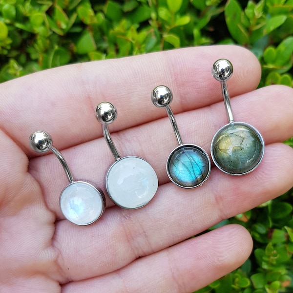 Rainbow Moonstone Belly Button Ring, Surgical Stainless Steel Hypoallergenic Belly Ring Labradorite Belly Bar Boho Belly Ring