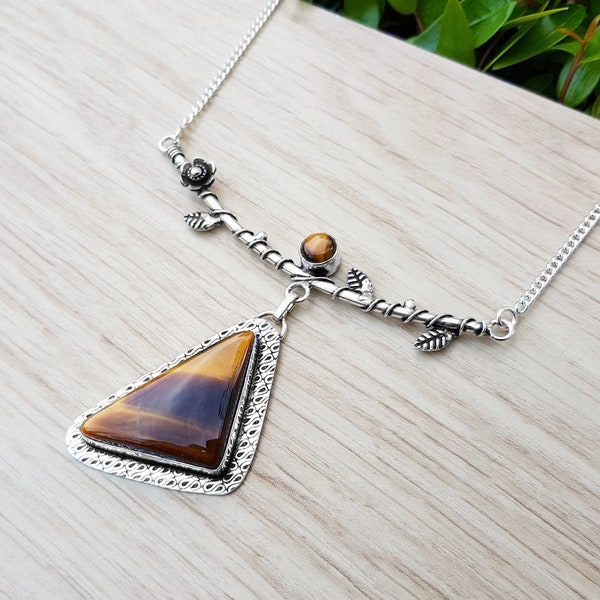 Tiger Eye Statement Necklace In Sterling Silver Twisted Vine Necklace