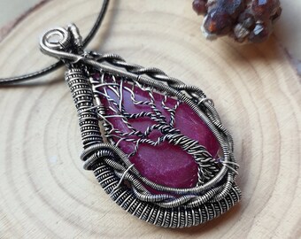 Sterling Silver Wire Wrapped Ruby Tree Necklace, One of a Kind