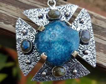 Blue Solar Agate And Labradorite Statement Pendant In Sterling Silver