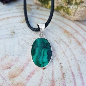Oval Malachite Pendant: Sterling Silver Boho Necklace