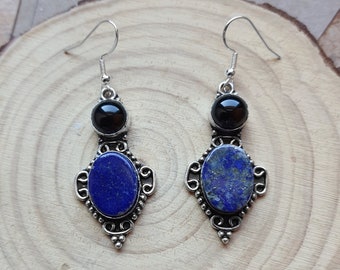 Lapis Lazuli And Onyx Dangle Earrings In Sterling Silver Boho Gemstone Earrings