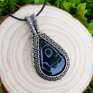 Botswana Agate Sterling Silver Wire Wrapped Pendant: Boho Necklace