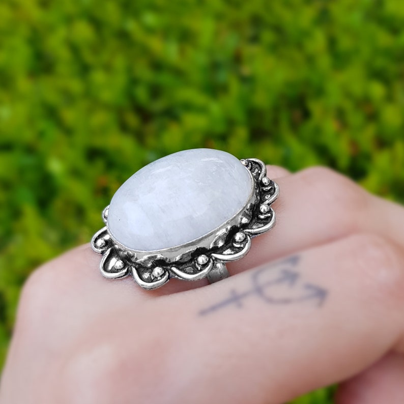 Rainbow Moonstone Statement Bague Sterling Silver Boho Bagues Taille US 8 1/2 Bijoux uniques One Of A Kind Cadeau GypsyJewelry image 8