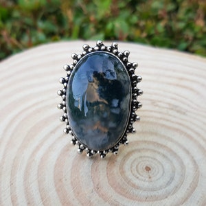 Moss Agate Sterling Silver Statement Ring - US Size 7.5