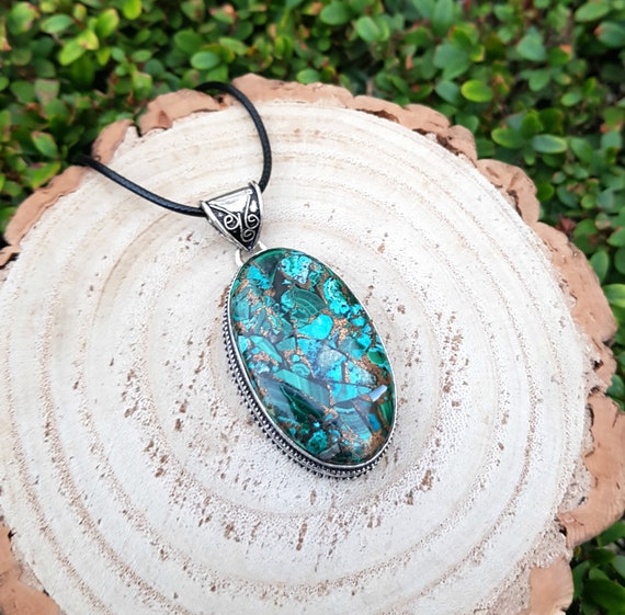 Copper Malachite Necklace In Sterling Silver Boho Gemstone Necklace Statement Pendant Unique Gift For Her One Of A Kind Jewellery