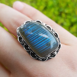 Labradorit Ring Größe US 8 1/2 in Sterling Silber Großer Statement Ring Edelstein Ring Boho Ring Unikat Geschenk für Sie Ethno Ring GypsyJewelry