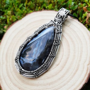 Botswana Agate Sterling Silver Wire Wrapped Pendant: Handmade Boho Necklace