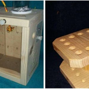 May include: Two wooden toy sets for children. The first set is a bee-themed activity center with a clear plastic window, a small bee cutout, and a pull string. The second set is a wooden stand with multiple holes for holding small objects.