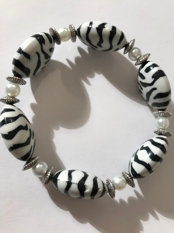 Zebra Print Bracelet White Bracelet Black Bracelet Elastic Etsy